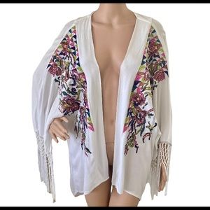May & July Fringe Floral Embroidered Kimono Coverup Duster
